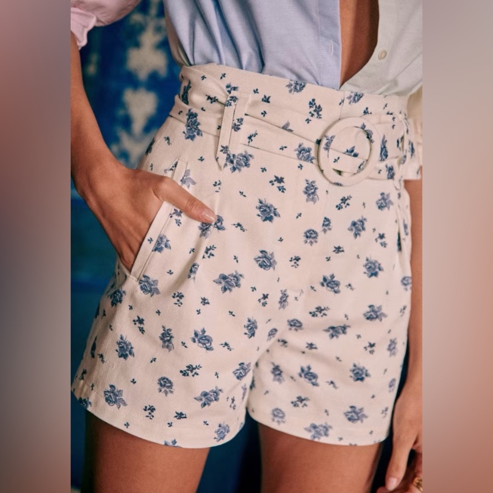 Sezane Deia high waisted belted shorts in blue rose print
